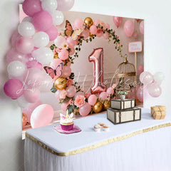 Lofaris Rose Gold 1st Birthday Cake Smash Backdrop Pink and Gold Balloon Arch with Birdcage and Butterflies