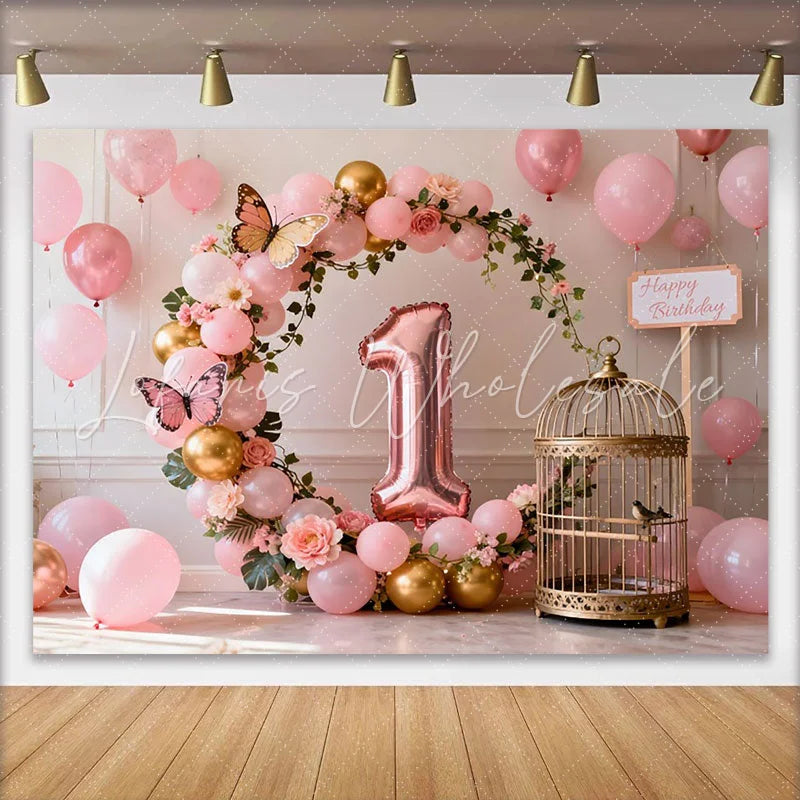 Lofaris Rose Gold 1st Birthday Cake Smash Backdrop Pink and Gold Balloon Arch with Birdcage and Butterflies