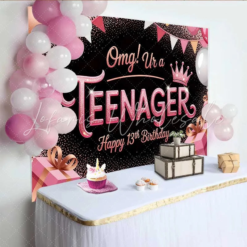 Lofaris Rose Gold Glitter 13th Birthday Backdrop omg! Ur a TEENAGER Milestone Party Decoration