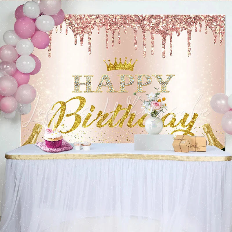Lofaris Rose Gold Glitter Happy Birthday Backdrop with Golden Crown and Champagne Elegant Party Background for Women Photoshoot