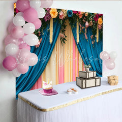 Lofaris Rose Header Stage Backdrop Teal and Pastel Curtains with Floral Garlands Wedding Party Banner