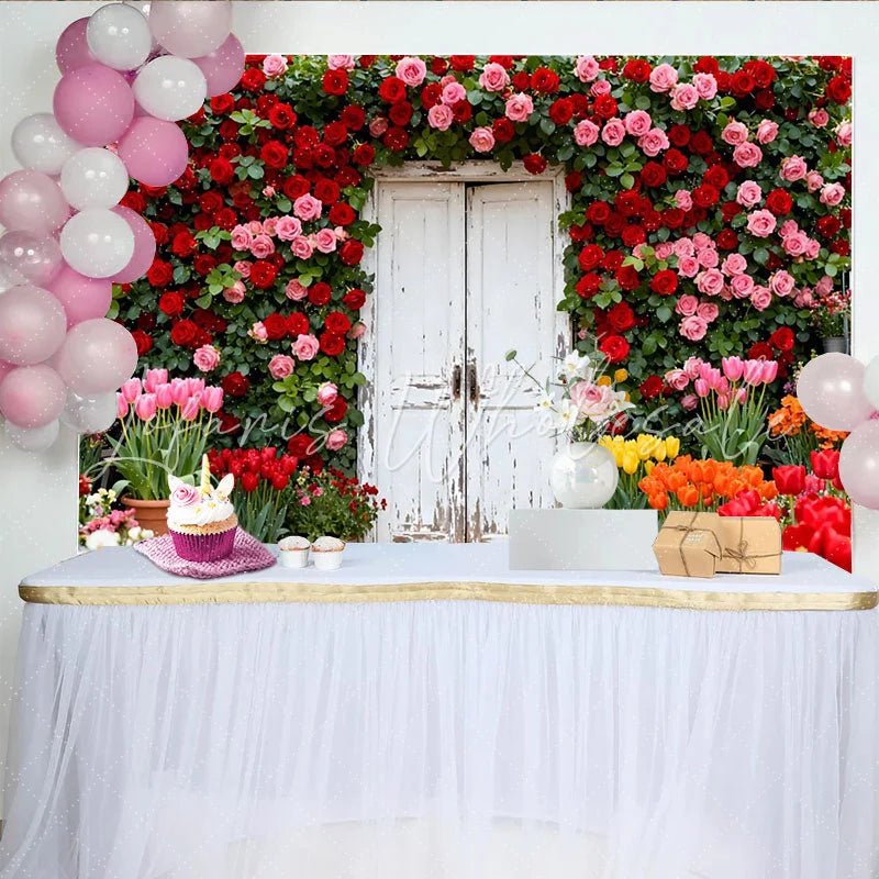Lofaris Roter und rosa Rosen-Tür-Hintergrund Frühlingsgarten-Kulisse für Hochzeiten und Partys rustikale Fotodekoration