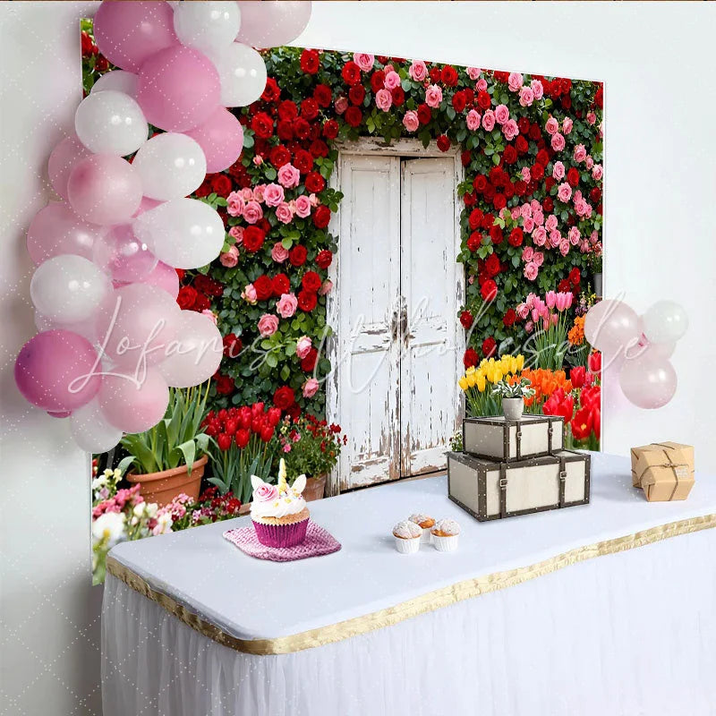 Lofaris Roter und rosa Rosen-Tür-Hintergrund Frühlingsgarten-Kulisse für Hochzeiten und Partys rustikale Fotodekoration