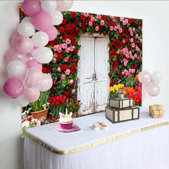 Lofaris Roter und rosa Rosen-Tür-Hintergrund Frühlingsgarten-Kulisse für Hochzeiten und Partys rustikale Fotodekoration