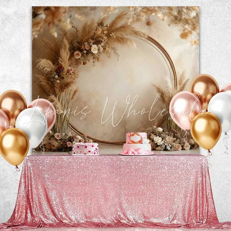 Lofaris Round Wood Boho Backdrop Pampa Grass and Cream Rose Arch for Rustic Wedding