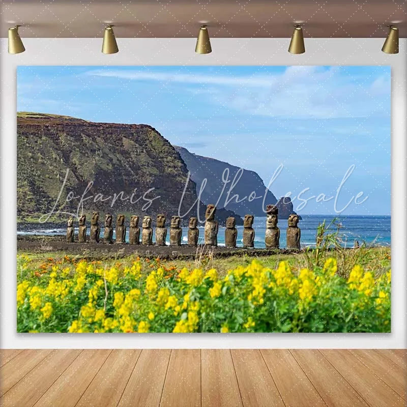 Lofaris Row of Moai Statues Ocean Coastal Scenery Backdrop Easter Island Historic Landscape Photography Background