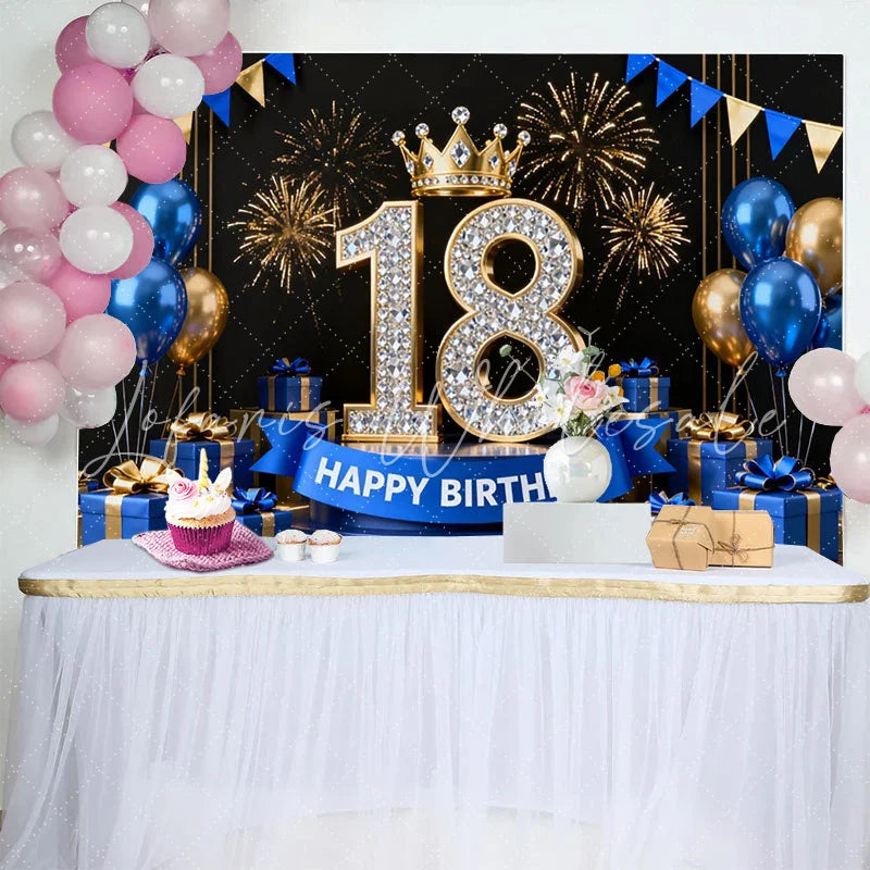 Lofaris Royal Blue and Gold 18th Birthday Backdrop Diamond Numbers and Fireworks Background for Men and Boys