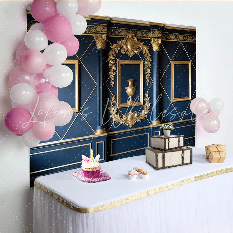 Lofaris Royal Blue and Gold Ornate Wall Photography Backdrop Elegant Studio Background for Professional Portrait Photoshoot
