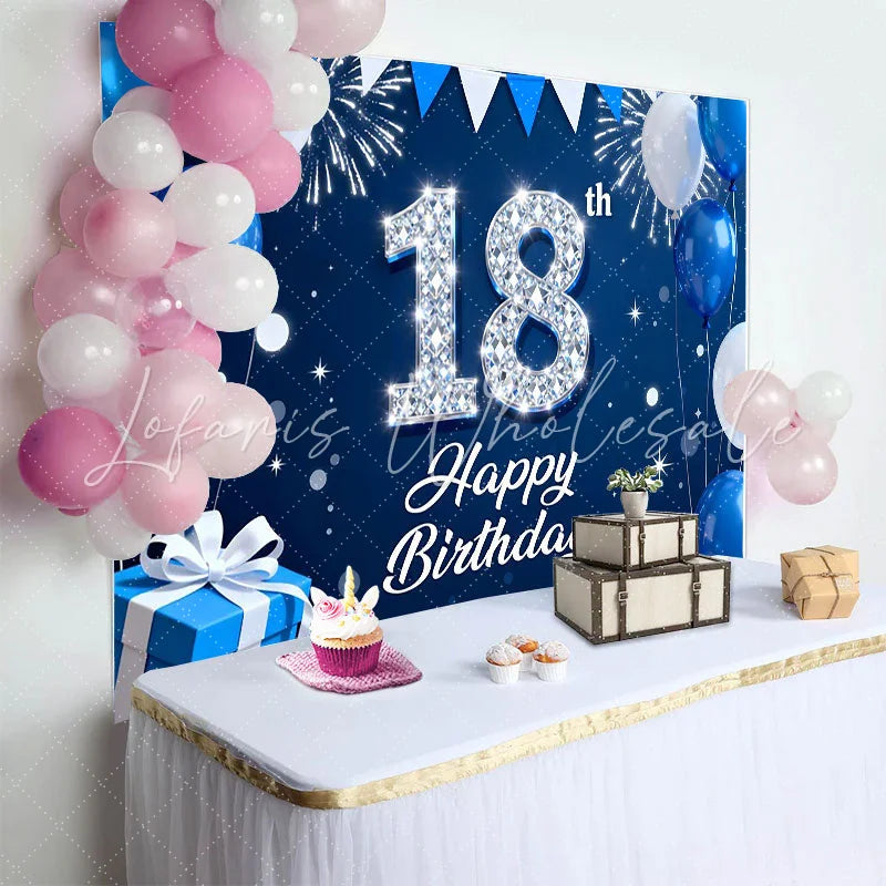 Lofaris Royal Blue and Silver 18th Birthday Backdrop Diamond Numbers and Fireworks Background Anniversary Decor