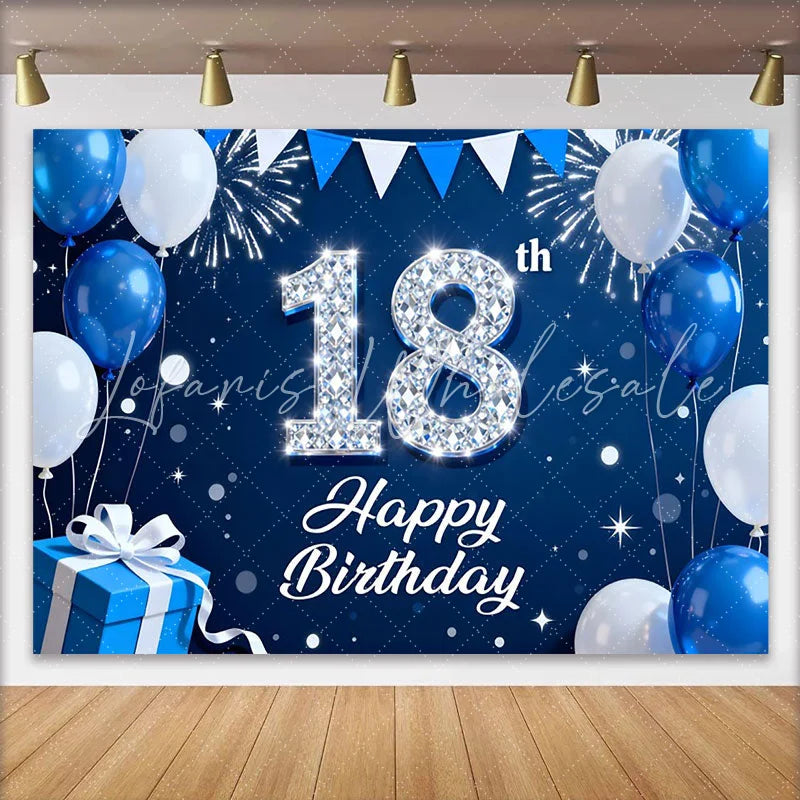 Lofaris Royal Blue and Silver 18th Birthday Backdrop Diamond Numbers and Fireworks Background Anniversary Decor