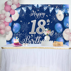 Lofaris Royal Blue and Silver 18th Birthday Backdrop Silver Glitter Numbers and Fireworks Background Party Banner