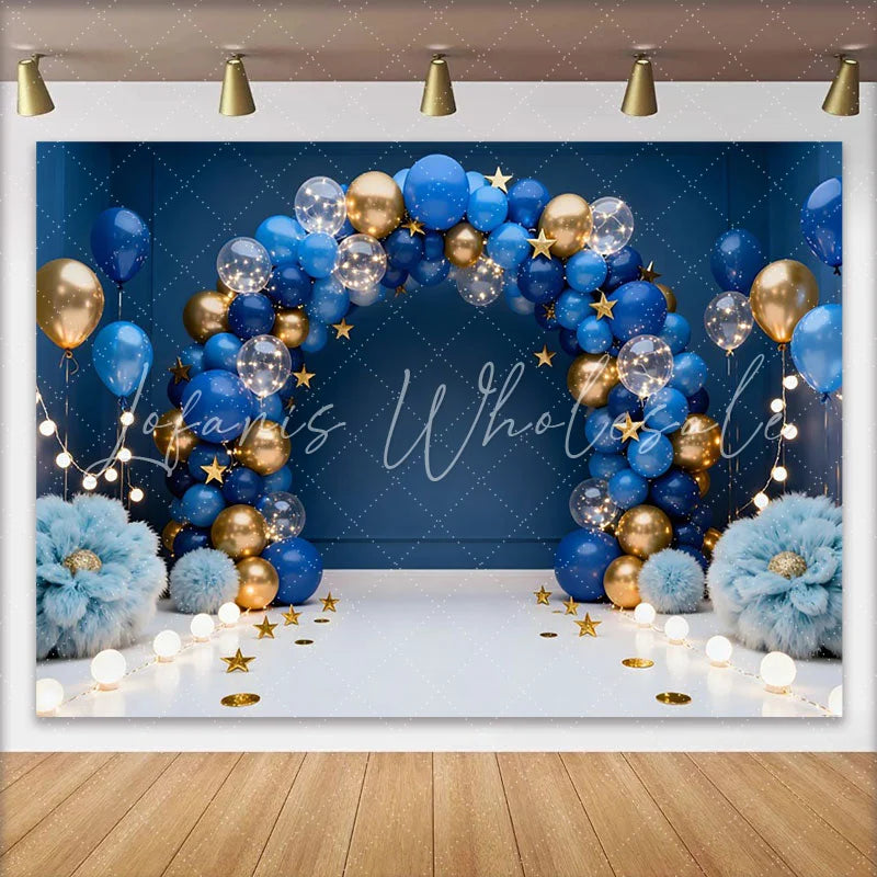 Lofaris Royal Blue Gold Balloons Arch Birthday Cake Smash Backdrop Fluffy Flowers Gold Stars Boy Portrait Party Decor Background