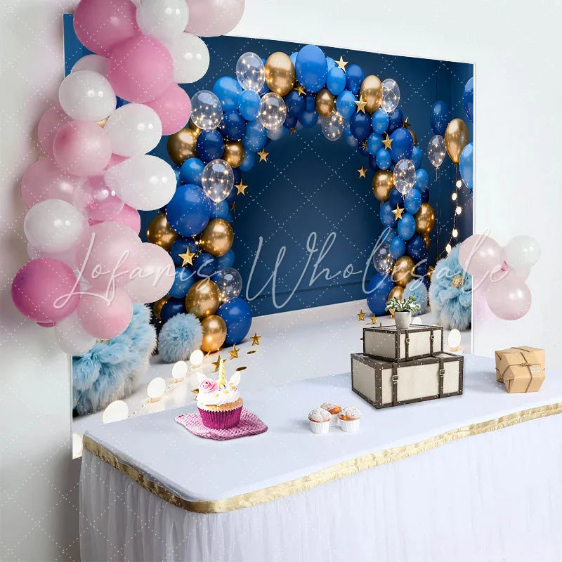 Lofaris Royal Blue Gold Balloons Arch Birthday Cake Smash Backdrop Fluffy Flowers Gold Stars Boy Portrait Party Decor Background