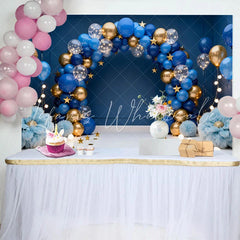 Lofaris Royal Blue Gold Balloons Arch Birthday Cake Smash Backdrop Fluffy Flowers Gold Stars Boy Portrait Party Decor Background