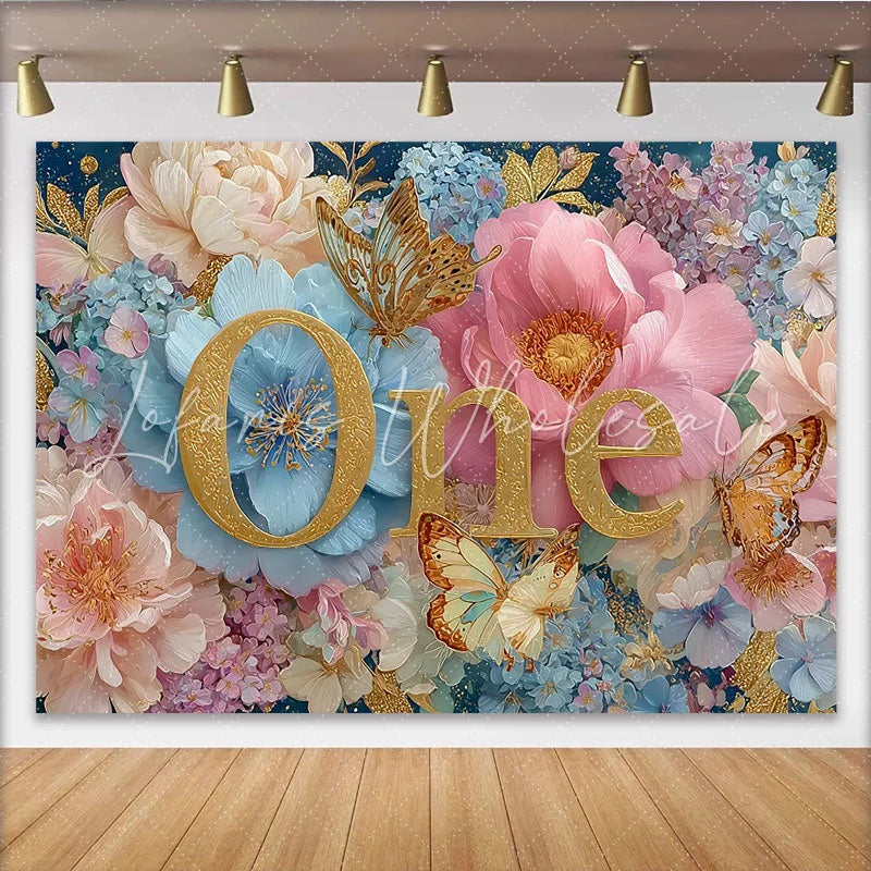 Lofaris Royal Floral First Birthday Photography Backdrop Golden ONE and Butterfly Photo Background