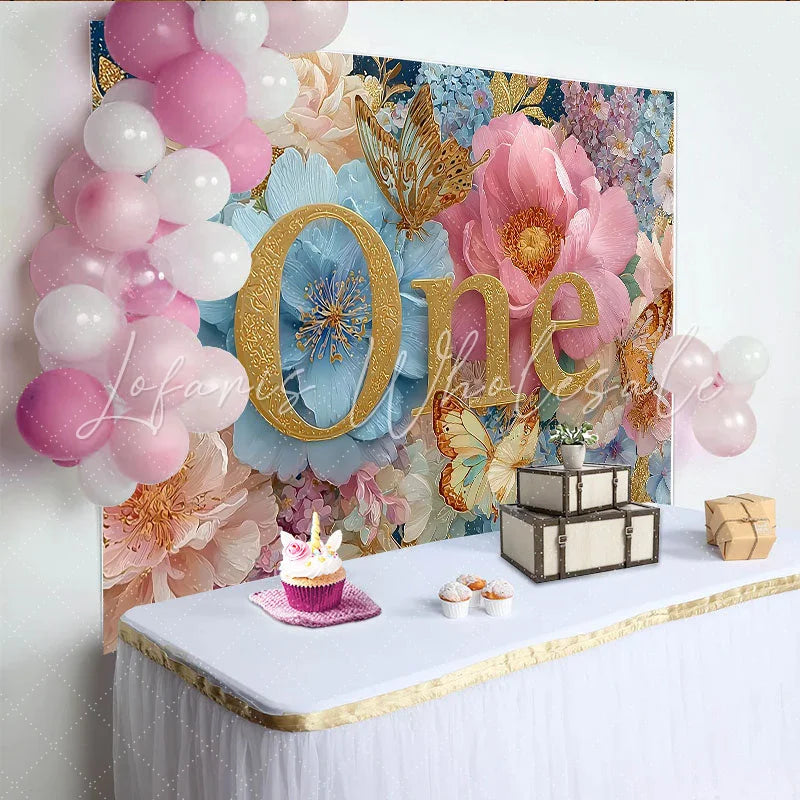 Lofaris Royal Floral First Birthday Photography Backdrop Golden ONE and Butterfly Photo Background