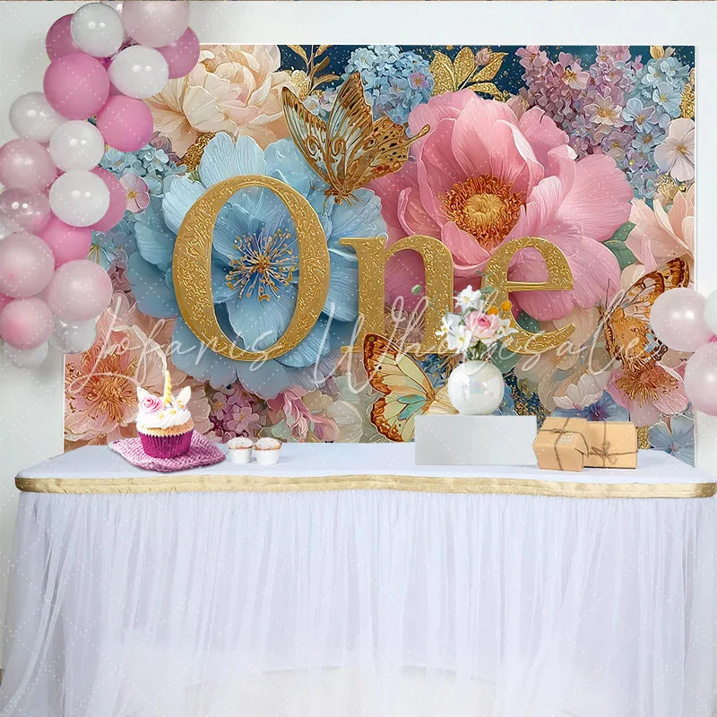 Lofaris Royal Floral First Birthday Photography Backdrop Golden ONE and Butterfly Photo Background