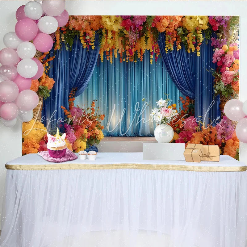 Lofaris Royal Floral Stage Backdrop Blue Curtains and Vibrant Flower Pillars Event Party Banner