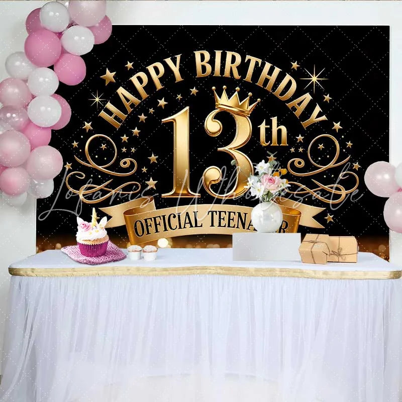Lofaris Royal Gold 13th Birthday Official Teenager Backdrop Golden Crown and Elegant Swirls Party Decor