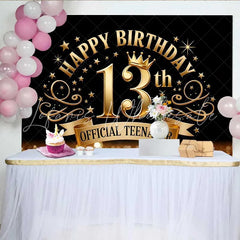 Lofaris Royal Gold 13th Birthday Official Teenager Backdrop Golden Crown and Elegant Swirls Party Decor