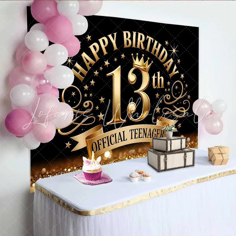 Lofaris Royal Gold 13th Birthday Official Teenager Backdrop Golden Crown and Elegant Swirls Party Decor