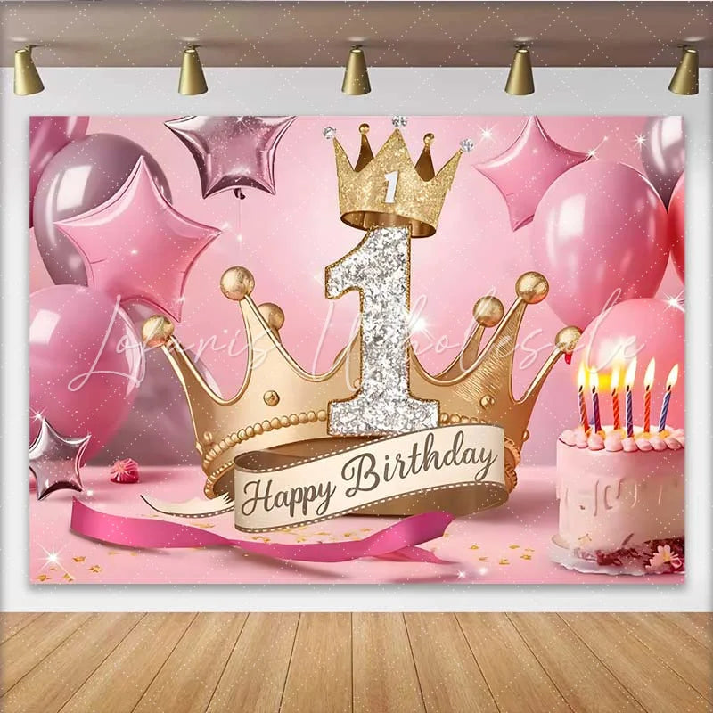 Lofaris Royal Gold Crown 1st Birthday Backdrop Pink Stars and Cake Milestone Party Decoration