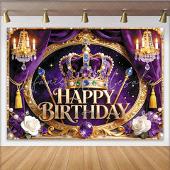 Lofaris Royal Purple and Gold Crown Birthday Backdrop for Girls Elegant Photography Background with Chandeliers and Flowers for Party Decor