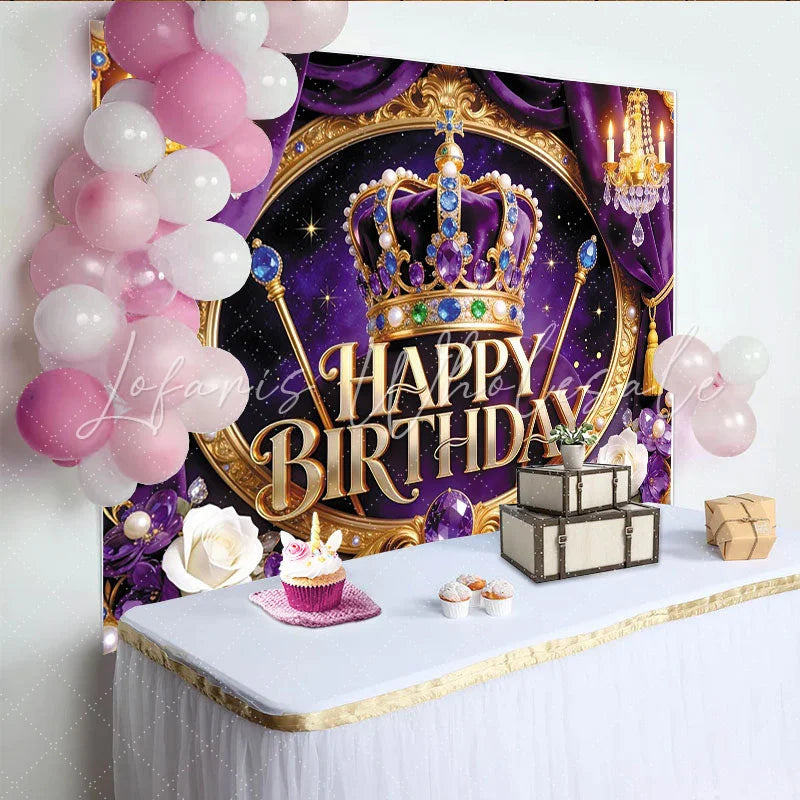 Lofaris Royal Purple and Gold Crown Birthday Backdrop for Girls Elegant Photography Background with Chandeliers and Flowers for Party Decor