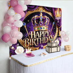 Lofaris Royal Purple and Gold Crown Birthday Backdrop for Girls Elegant Photography Background with Chandeliers and Flowers for Party Decor