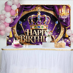 Lofaris Royal Purple and Gold Crown Birthday Backdrop for Girls Elegant Photography Background with Chandeliers and Flowers for Party Decor