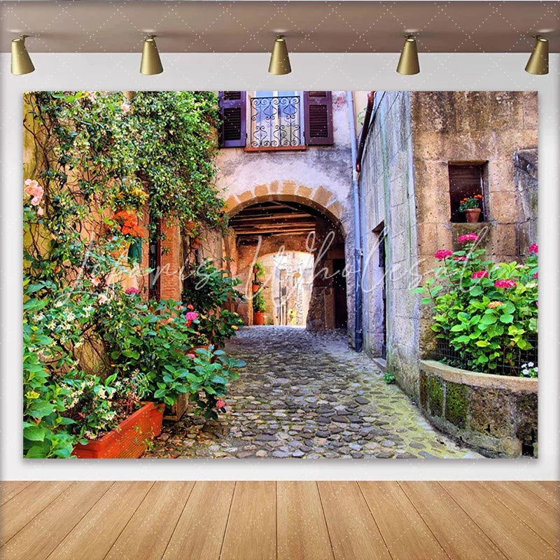 Lofaris Rustic Alleyway Photography Backdrop with Flowering Vines and Stone Arch Charming European Street Background for Studio Photoshoot
