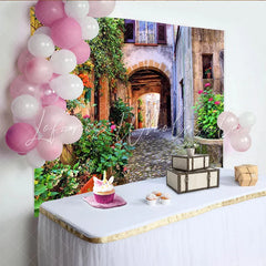 Lofaris Rustic Alleyway Photography Backdrop with Flowering Vines and Stone Arch Charming European Street Background for Studio Photoshoot