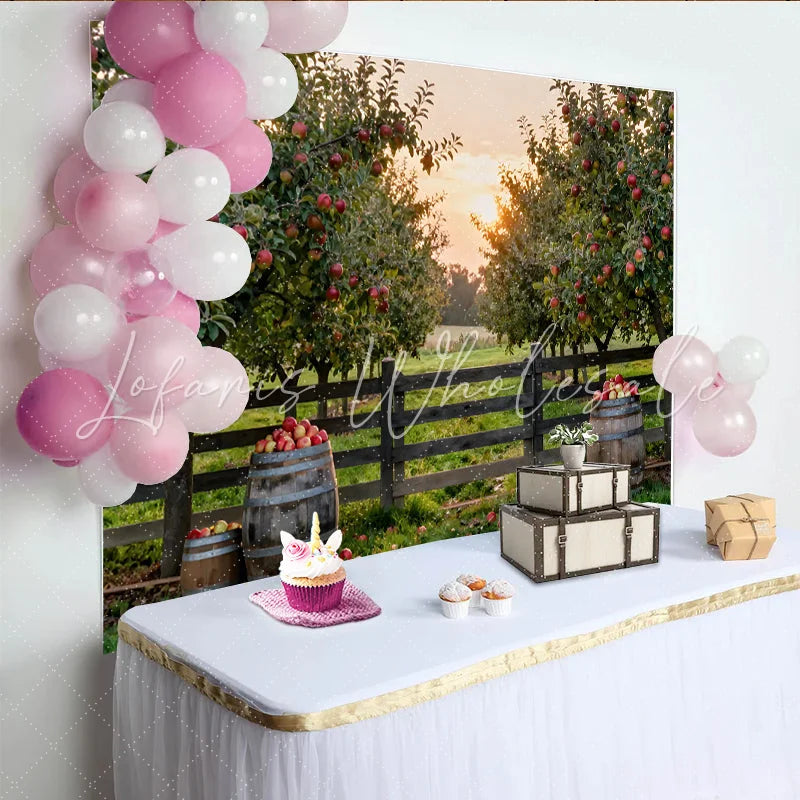 Lofaris Rustic Apple Orchard Photography Backdrop with Red Apples and Wooden Fence Sunset Farm Scene Background for Studio Photoshoot