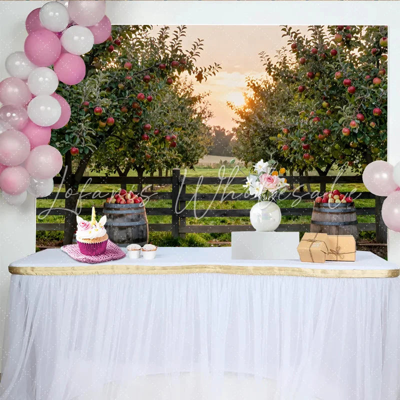 Lofaris Rustic Apple Orchard Photography Backdrop with Red Apples and Wooden Fence Sunset Farm Scene Background for Studio Photoshoot