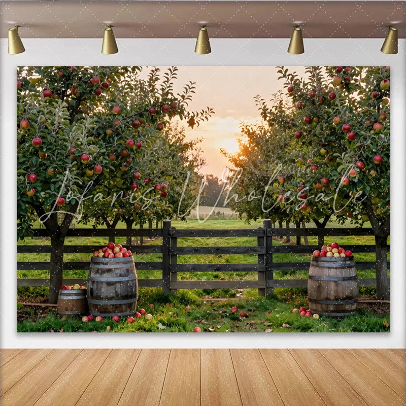 Lofaris Rustic Apple Orchard Photography Backdrop with Red Apples and Wooden Fence Sunset Farm Scene Background for Studio Photoshoot