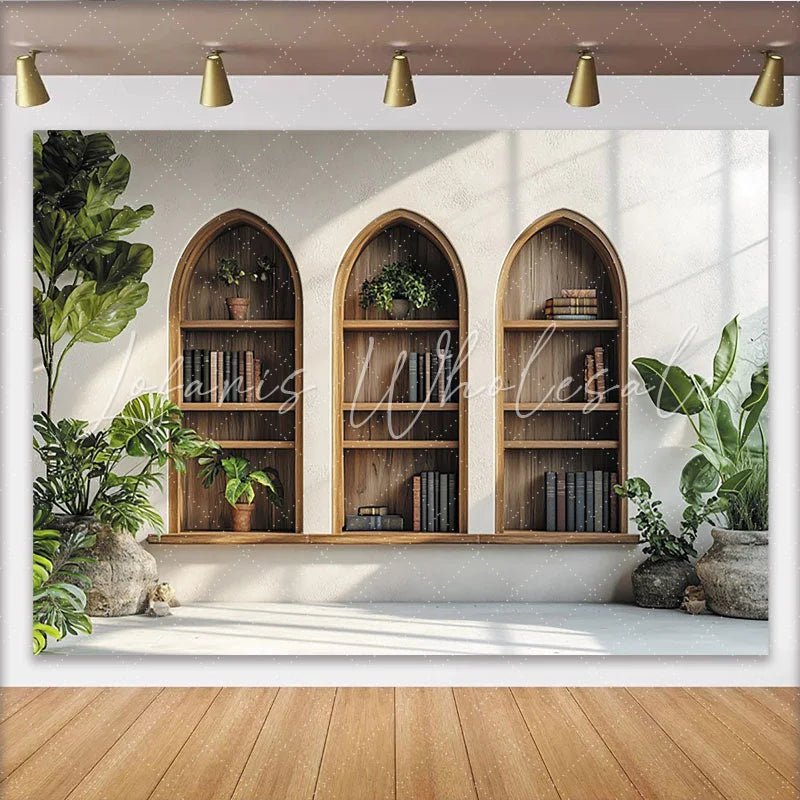 Lofaris Rustic Arch Bookshelf Photography Backdrop with Green Plants and Books Cozy Indoor Studio Background for Portrait Photo