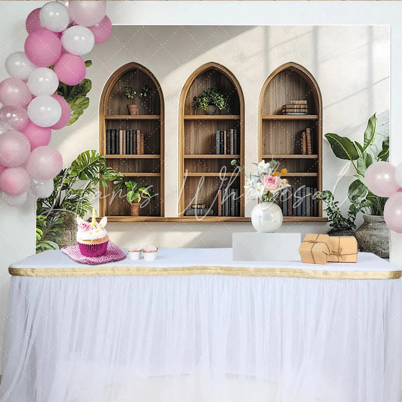 Lofaris Rustic Arch Bookshelf Photography Backdrop with Green Plants and Books Cozy Indoor Studio Background for Portrait Photo