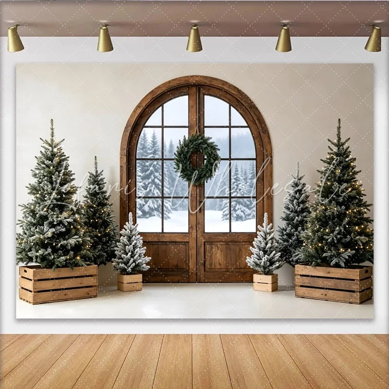 Lofaris Rustic Arch Door Christmas Backdrop with Snowy Trees and Wreath Elegant Winter Holiday Background for Festive Party Decor