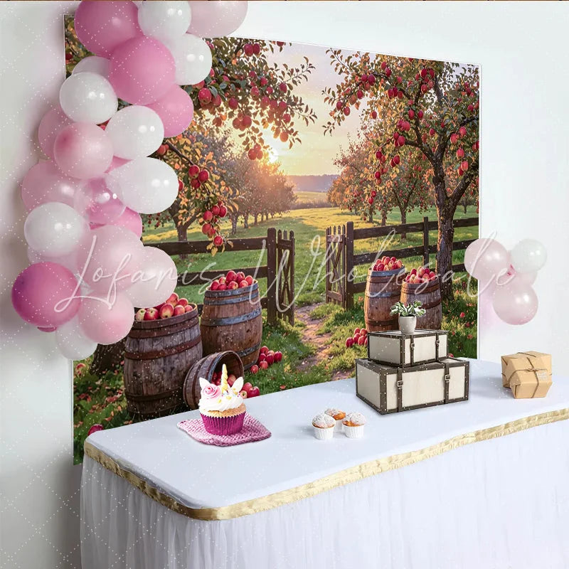 Lofaris Rustic Autumn Apple Orchard Photography Backdrop with Wooden Barrels and Golden Light Natural Farm Background for Studio Photoshoot