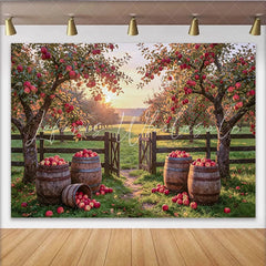 Lofaris Rustic Autumn Apple Orchard Photography Backdrop with Wooden Barrels and Golden Light Natural Farm Background for Studio Photoshoot