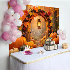 Lofaris Rustic Autumn Backdrop with Fall Leaves Pumpkins and Lantern Enchanting Harvest Festival Background for Thanksgiving Decor