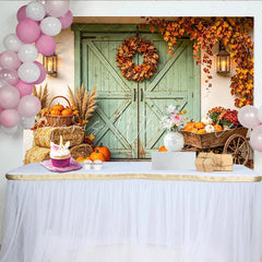 Lofaris Rustic Autumn Backdrop with Green Barn Door Pumpkins and Fall Leaves Harvest Festival Photography Background for Thanksgiving Decor