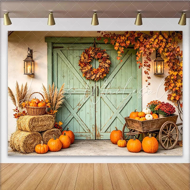 Lofaris Rustic Autumn Backdrop with Green Barn Door Pumpkins and Fall Leaves Harvest Festival Photography Background for Thanksgiving Decor