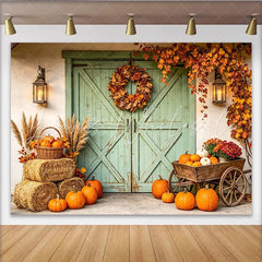 Lofaris Rustic Autumn Backdrop with Green Barn Door Pumpkins and Fall Leaves Harvest Festival Photography Background for Thanksgiving Decor