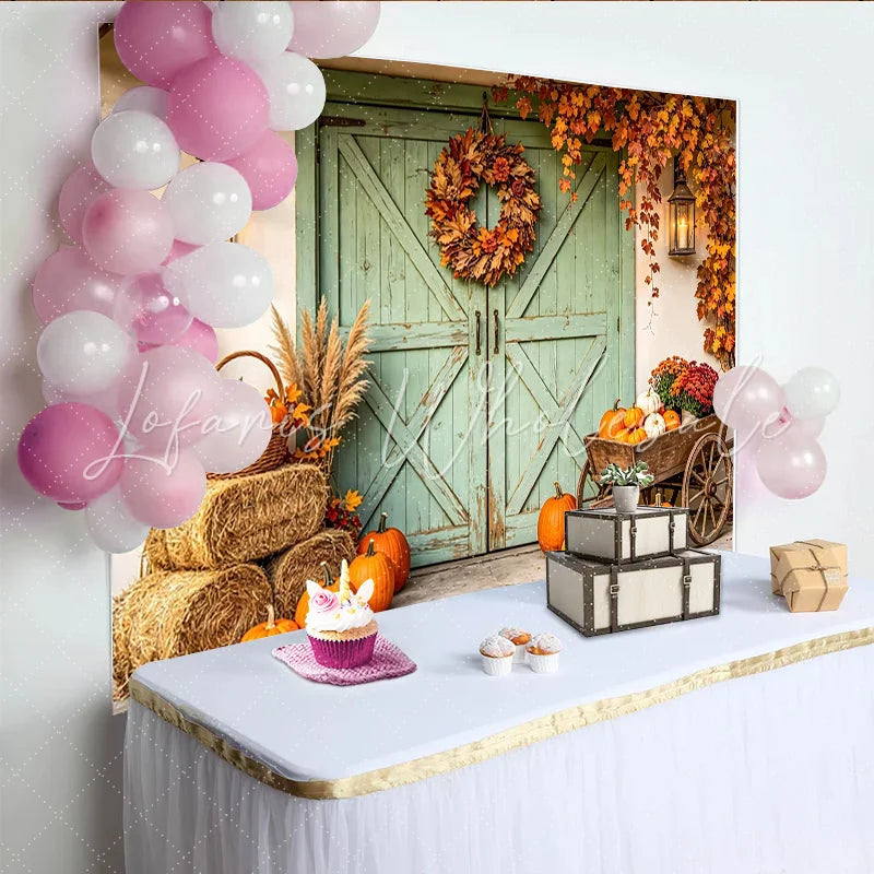 Lofaris Rustic Autumn Backdrop with Green Barn Door Pumpkins and Fall Leaves Harvest Festival Photography Background for Thanksgiving Decor