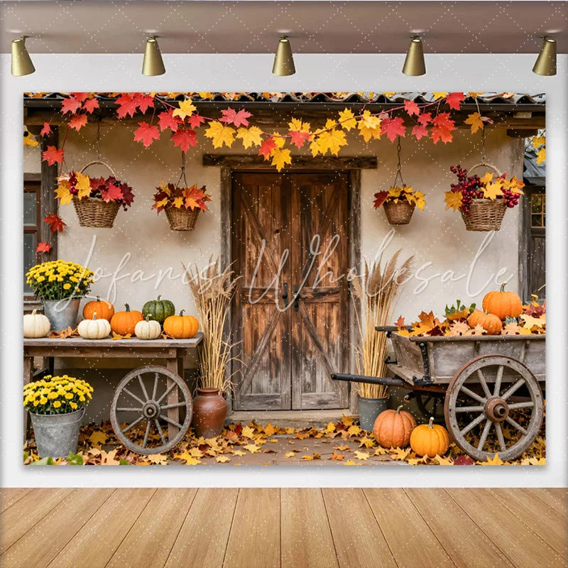 Lofaris Rustic Autumn Backdrop with Pumpkins and Fall Leaves Charming Harvest Photography Background for Thanksgiving Celebration