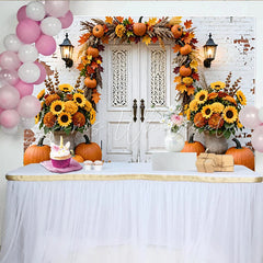 Lofaris Rustic Autumn Backdrop with Pumpkins Fall Leaves and Sunflowers White Door Harvest Photography Background for Holiday Decor