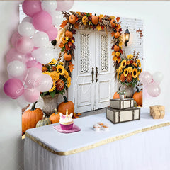 Lofaris Rustic Autumn Backdrop with Pumpkins Fall Leaves and Sunflowers White Door Harvest Photography Background for Holiday Decor
