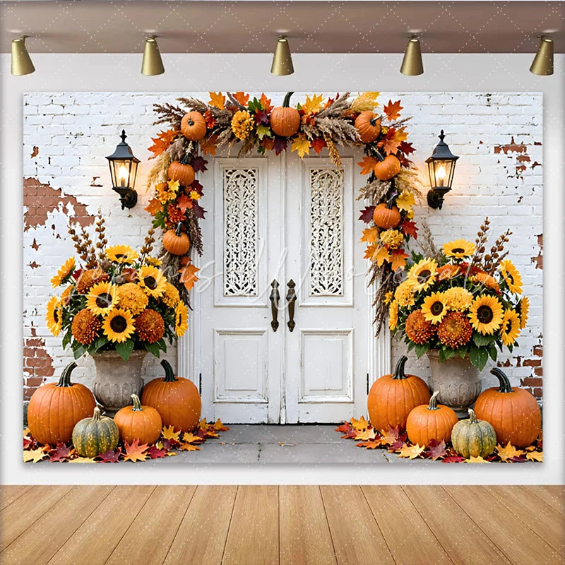 Lofaris Rustic Autumn Backdrop with Pumpkins Fall Leaves and Sunflowers White Door Harvest Photography Background for Holiday Decor