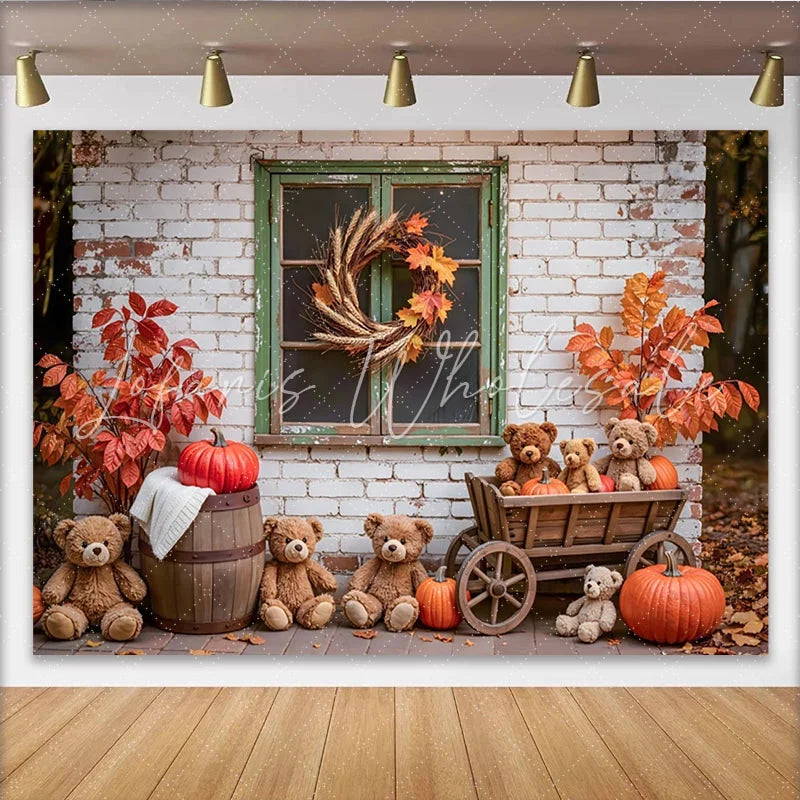 Lofaris Rustic Autumn Backdrop with Teddy Bears and Pumpkins Cozy Fall Background for Studio Portrait Photography